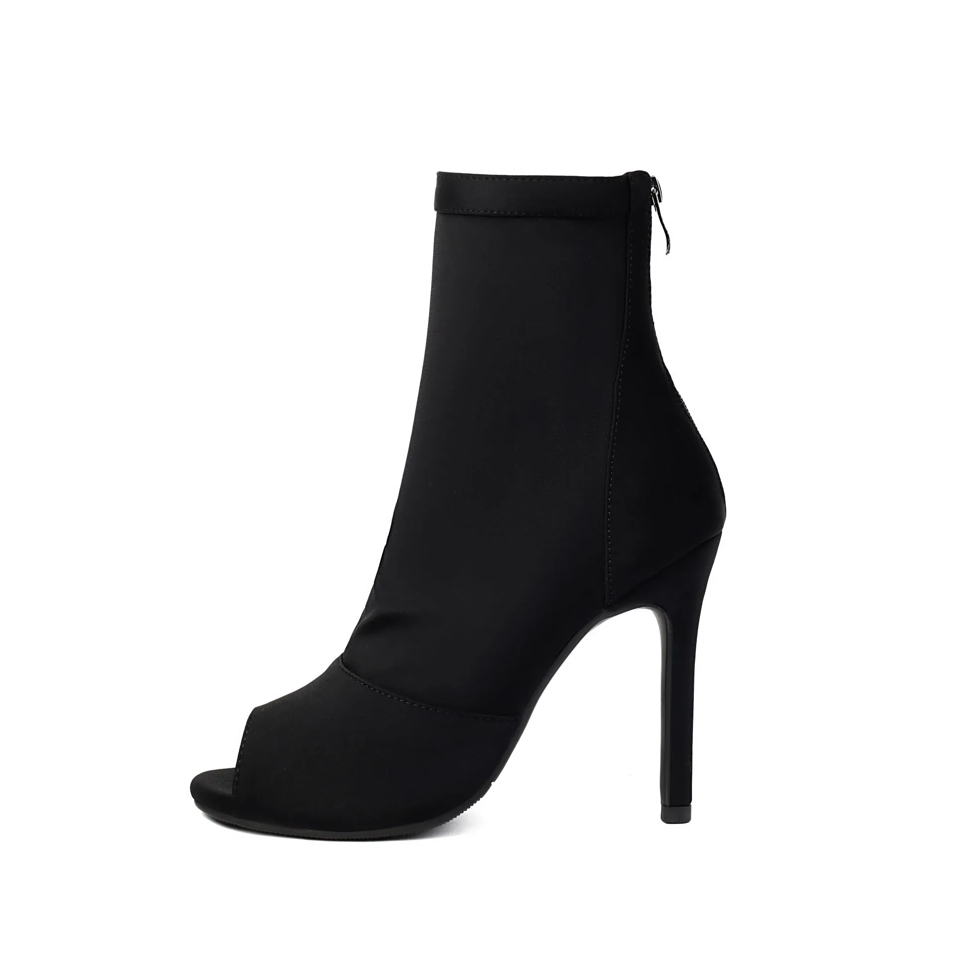 Women's stiletto boots with fishmouth toe in black, rubber sole, 11cm heel height
