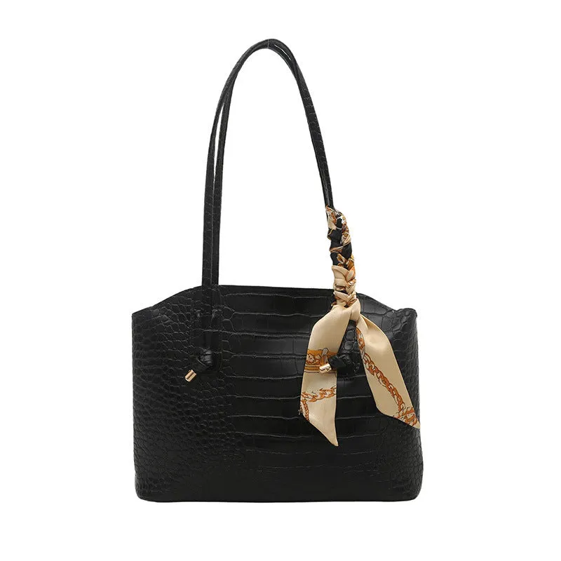 Large PU handbag with crocodile pattern and sewing thread detail in horizontal square shape