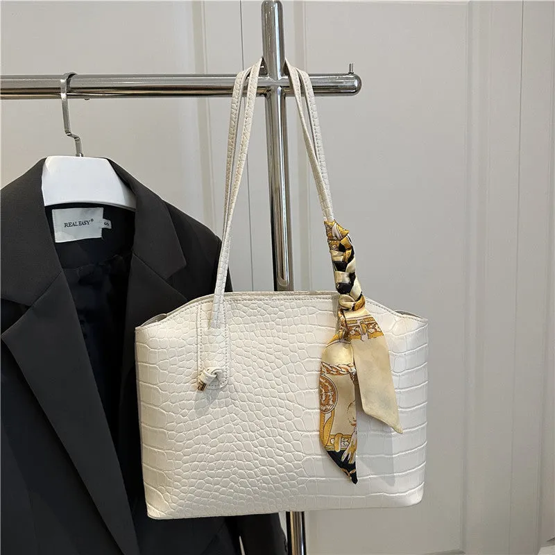 Large PU handbag with crocodile pattern and sewing thread detail in horizontal square shape
