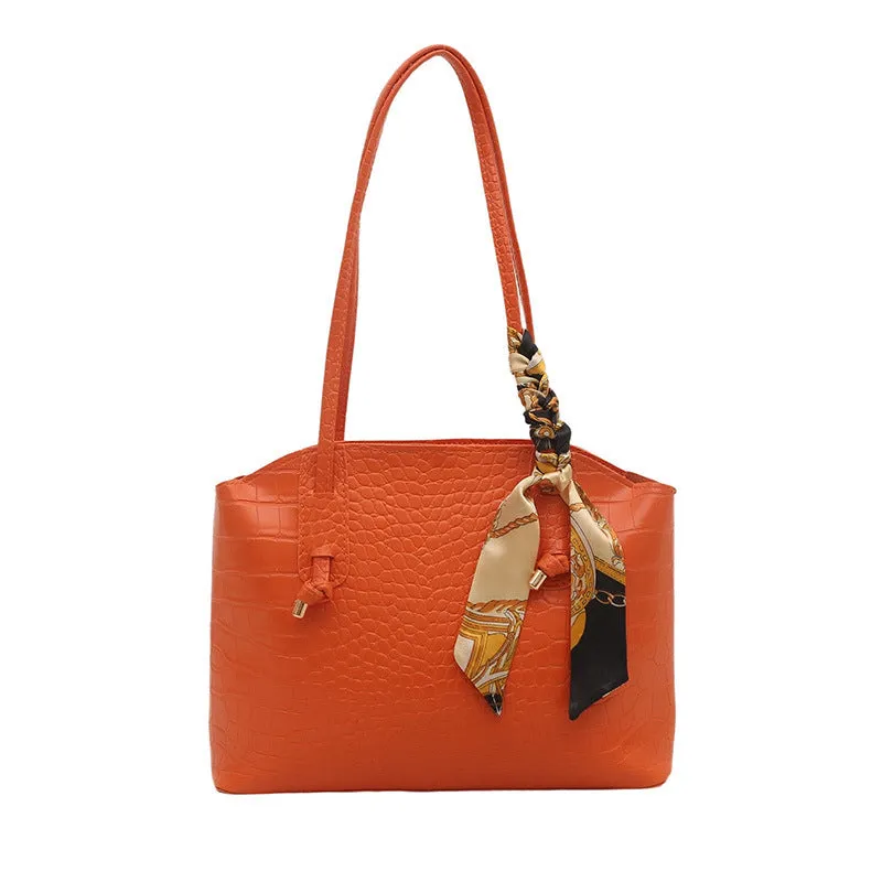 Large PU handbag with crocodile pattern and sewing thread detail in horizontal square shape