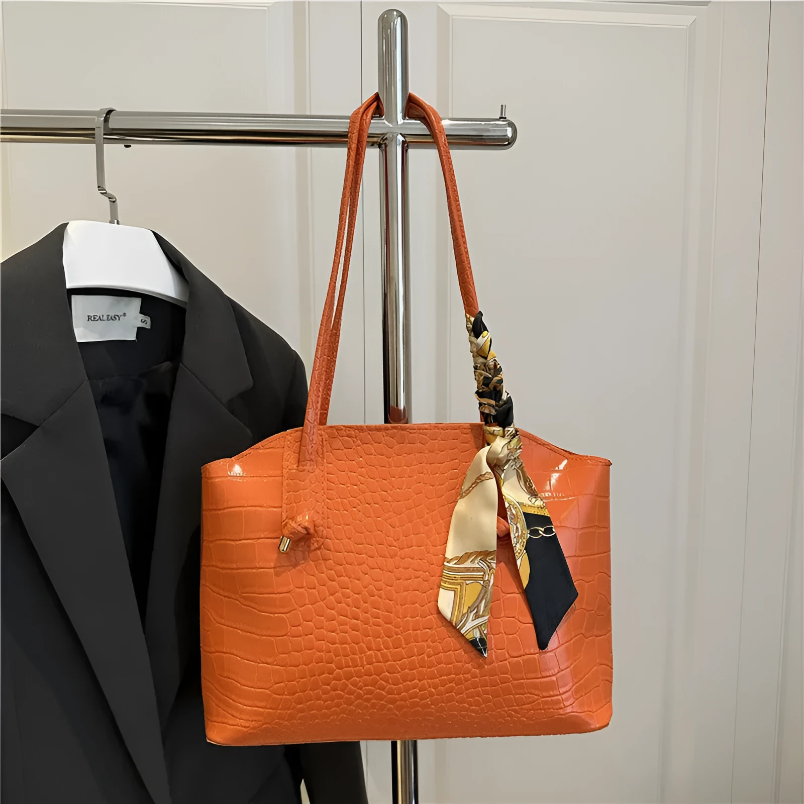 Large PU handbag with crocodile pattern and sewing thread detail in horizontal square shape
