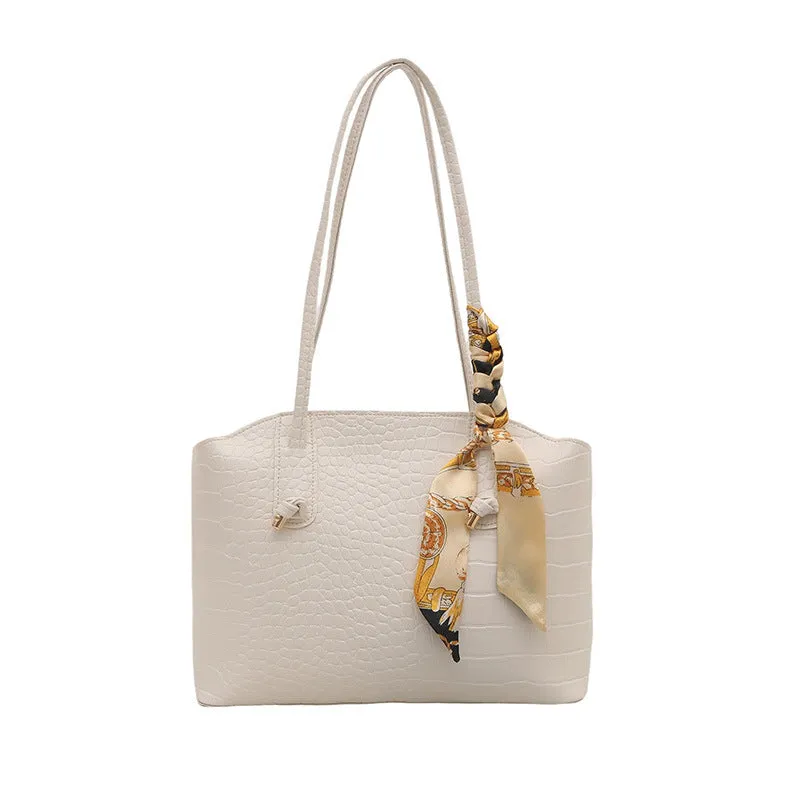 Large PU handbag with crocodile pattern and sewing thread detail in horizontal square shape