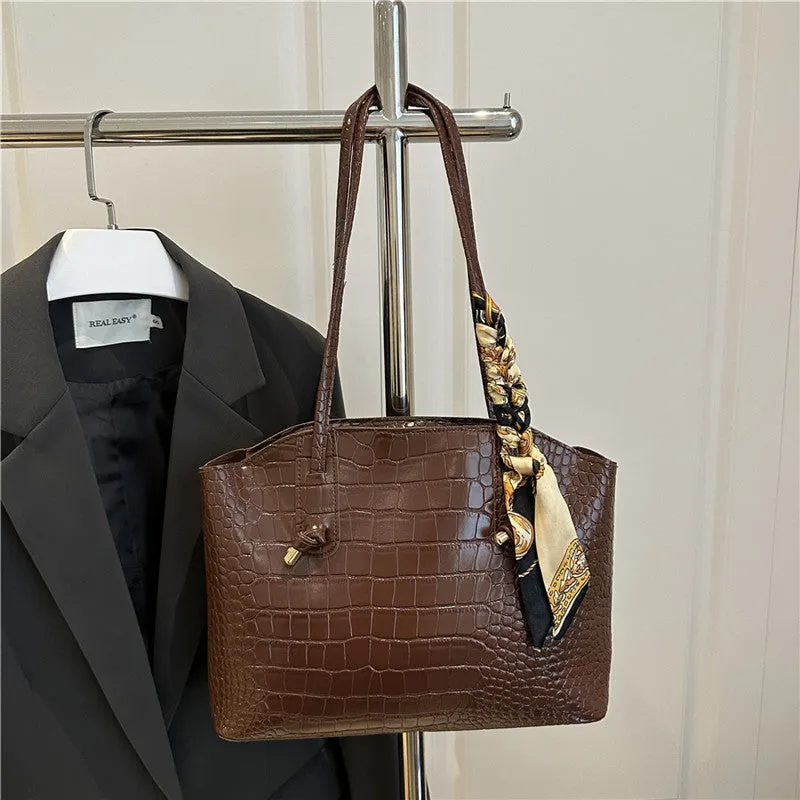 Large PU handbag with crocodile pattern and sewing thread detail in horizontal square shape
