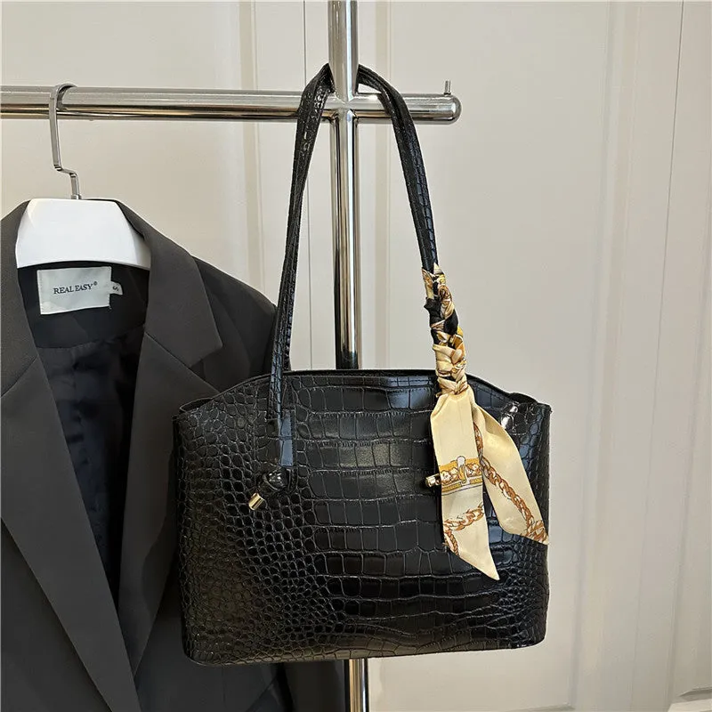 Large PU handbag with crocodile pattern and sewing thread detail in horizontal square shape