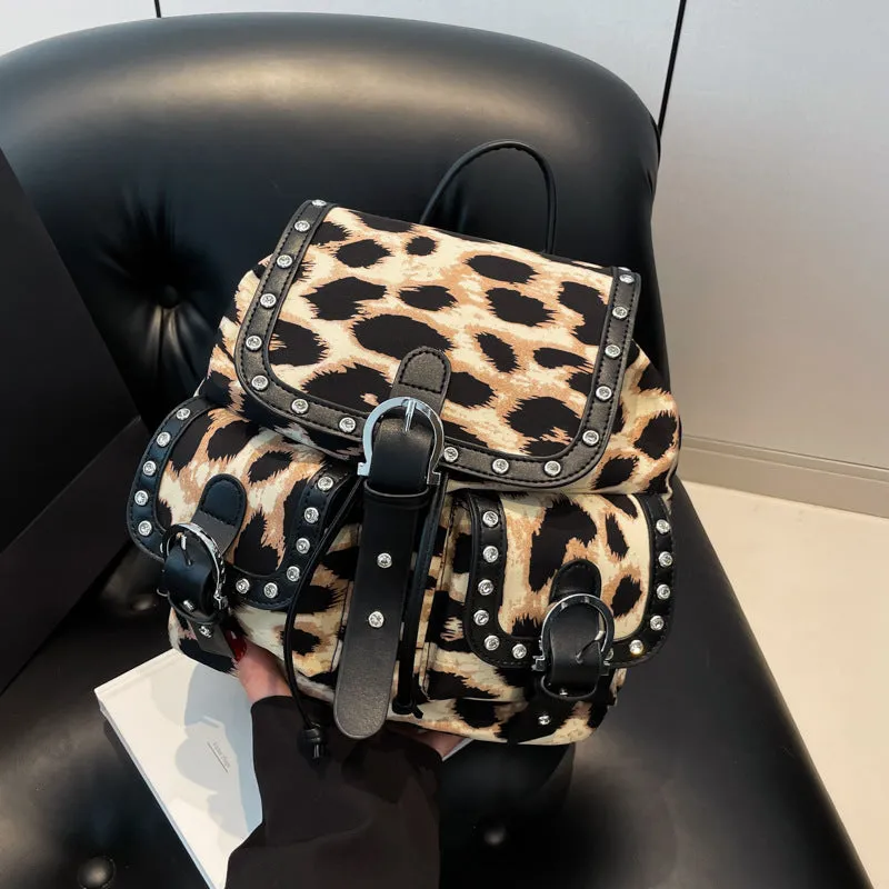 Leopard print flip backpack in urban simplicity style, available in Black, Brown, Khaki, Rose Red, with PU construction and polyester lining