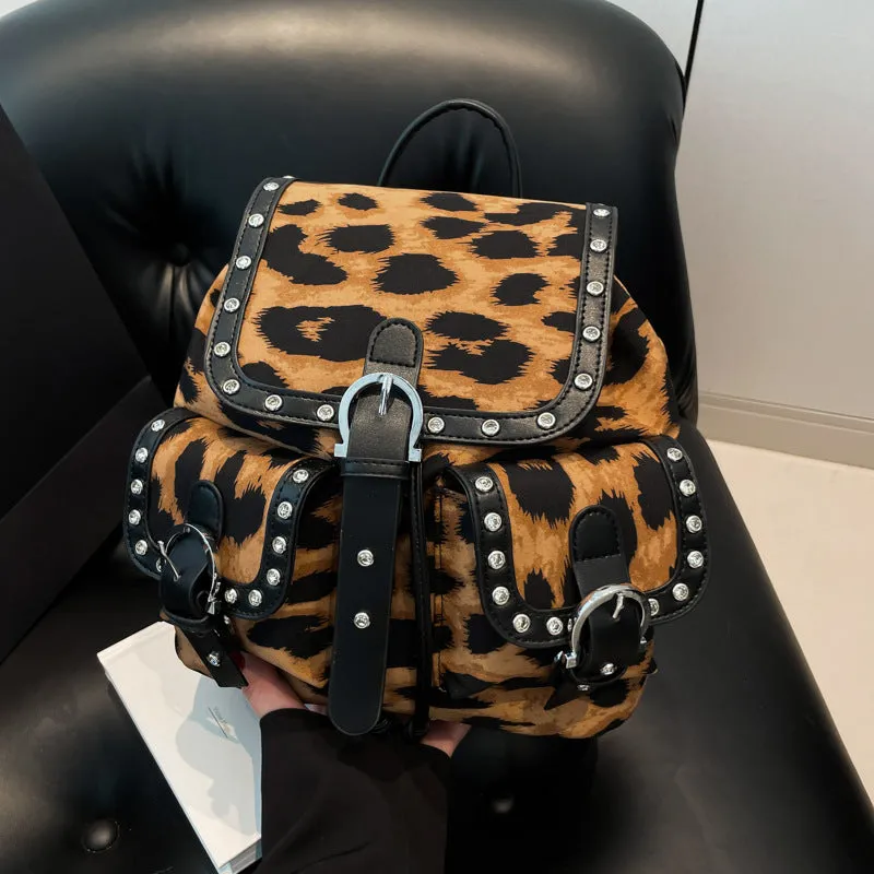 Leopard print flip backpack in urban simplicity style, available in Black, Brown, Khaki, Rose Red, with PU construction and polyester lining