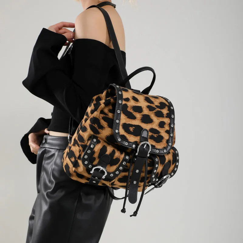 Leopard print flip backpack in urban simplicity style, available in Black, Brown, Khaki, Rose Red, with PU construction and polyester lining