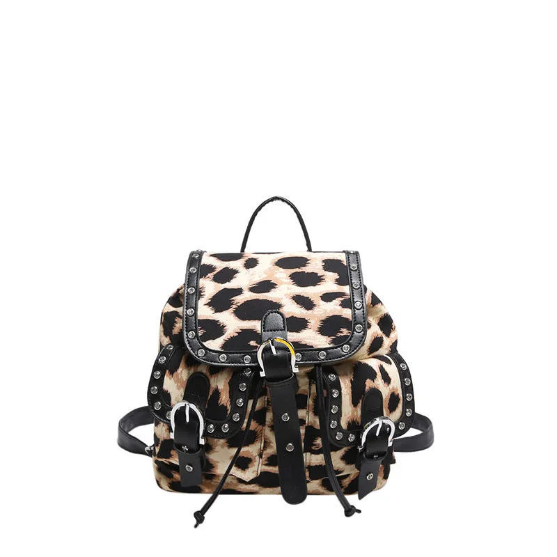 Leopard print flip backpack in urban simplicity style, available in Black, Brown, Khaki, Rose Red, with PU construction and polyester lining