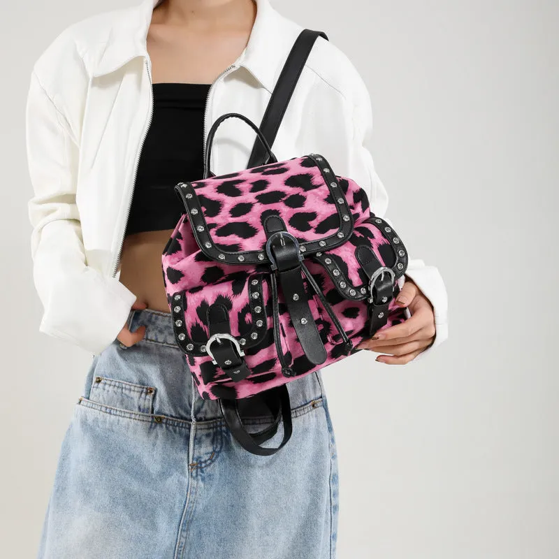 Leopard print flip backpack in urban simplicity style, available in Black, Brown, Khaki, Rose Red, with PU construction and polyester lining