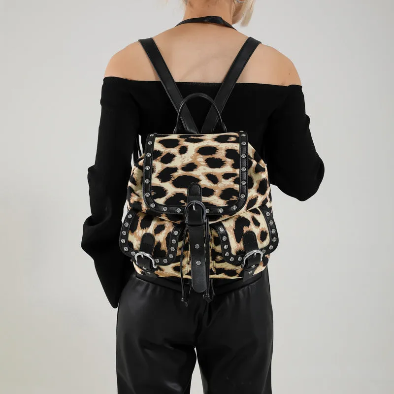 Leopard print flip backpack in urban simplicity style, available in Black, Brown, Khaki, Rose Red, with PU construction and polyester lining