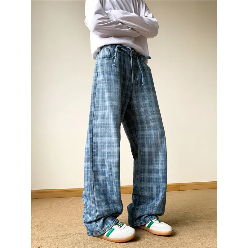 Retro blue plaid wide-leg skinny jeans with mid waist and zip fly, front view, blue denim fabric