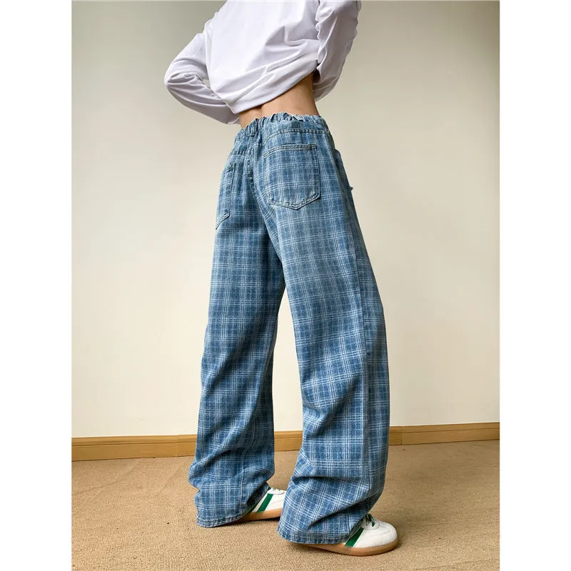 Retro blue plaid wide-leg skinny jeans with mid waist and zip fly, front view, blue denim fabric