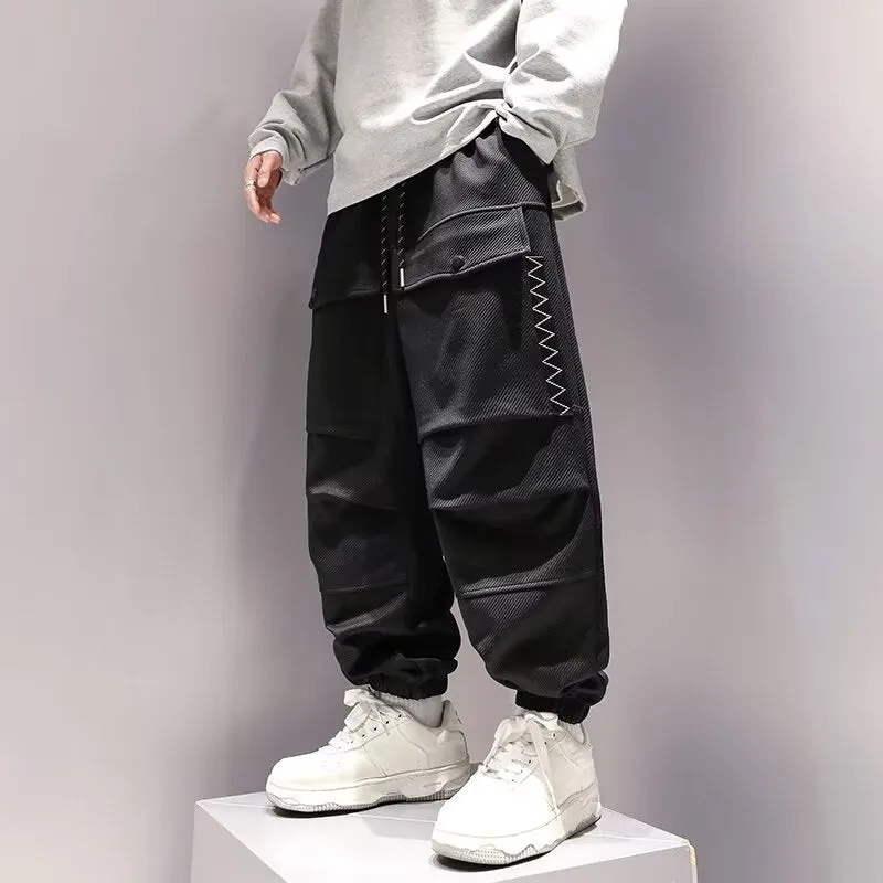 Plus-sized high waist drawstring big pocket teen trousers in black and green, size M to XXXL