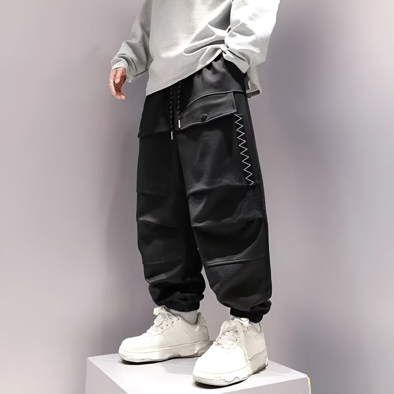 Plus-sized high waist drawstring big pocket teen trousers in black and green, size M to XXXL