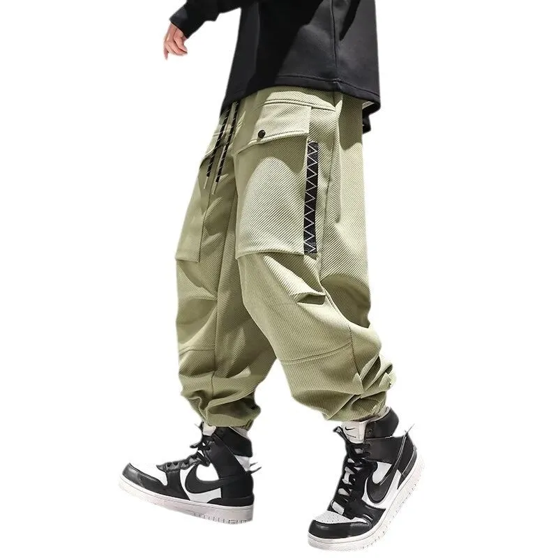 Plus-sized high waist drawstring big pocket teen trousers in black and green, size M to XXXL