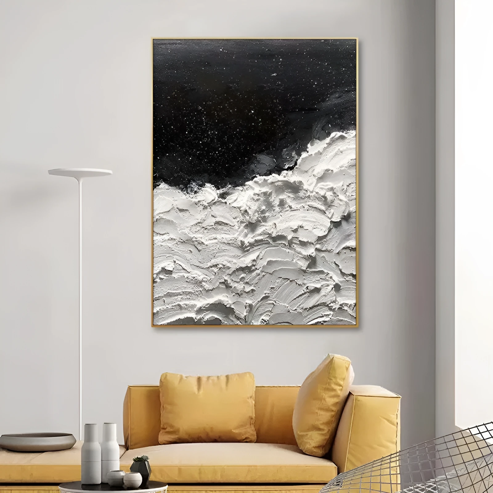 Hand-painted abstract oil painting canvas wall art Oceans Of Stars black and white seawave modern decor
