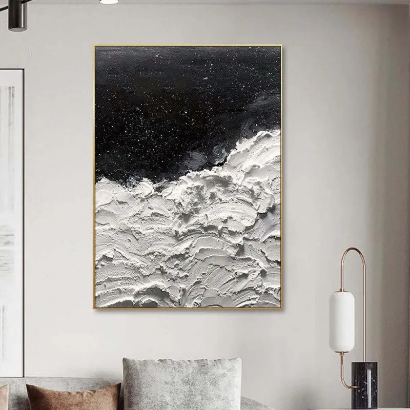 Hand-painted abstract oil painting canvas wall art Oceans Of Stars black and white seawave modern decor