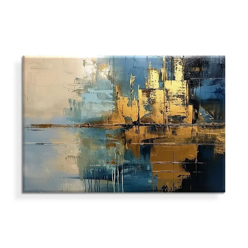 Handmade abstract blue village oil painting on canvas with rough texture, vertical orientation