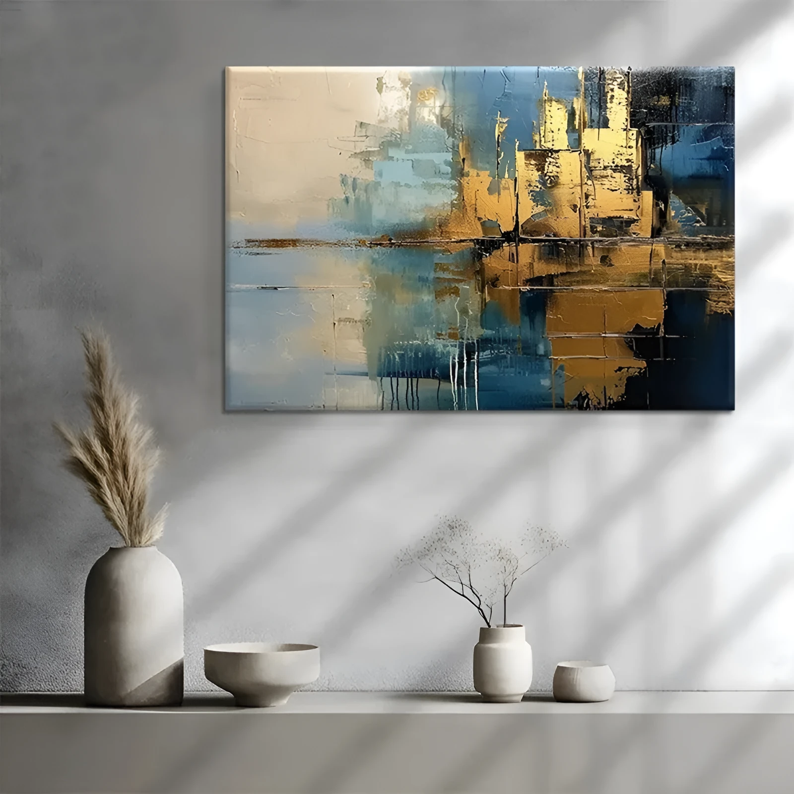 Handmade abstract blue village oil painting on canvas with rough texture, vertical orientation