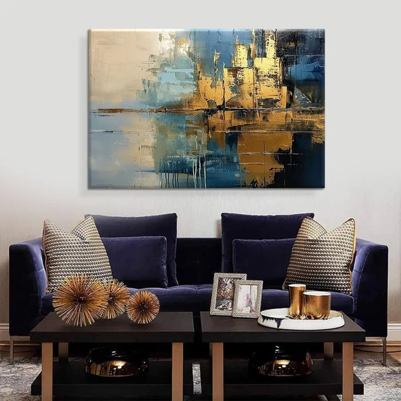 Handmade abstract blue village oil painting on canvas with rough texture, vertical orientation