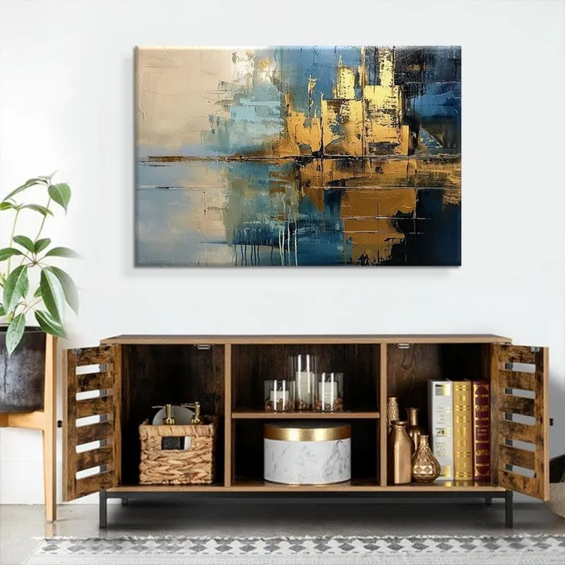 Handmade abstract blue village oil painting on canvas with rough texture, vertical orientation