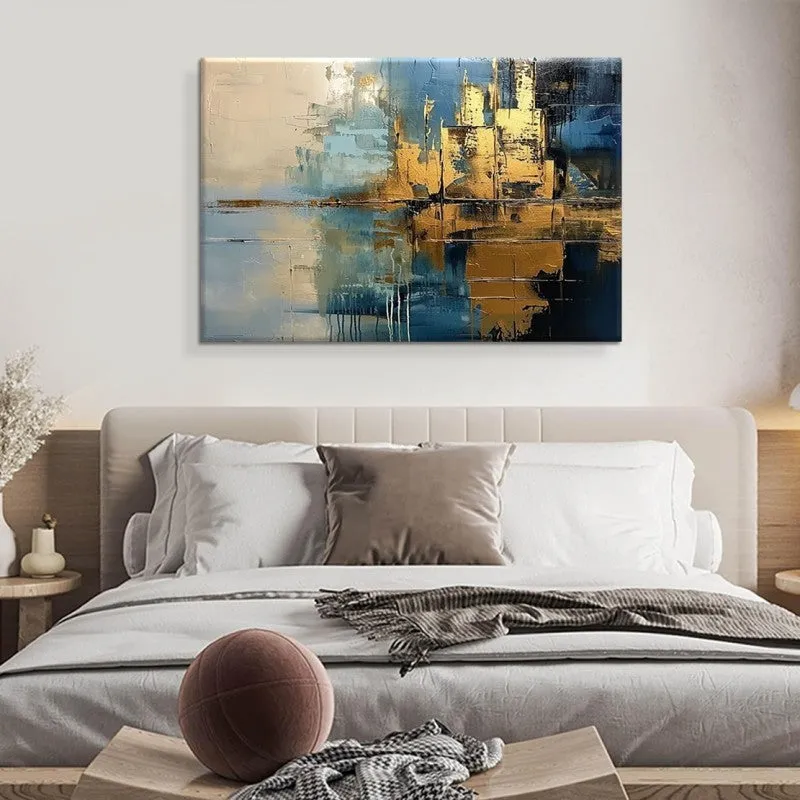 Handmade abstract blue village oil painting on canvas with rough texture, vertical orientation