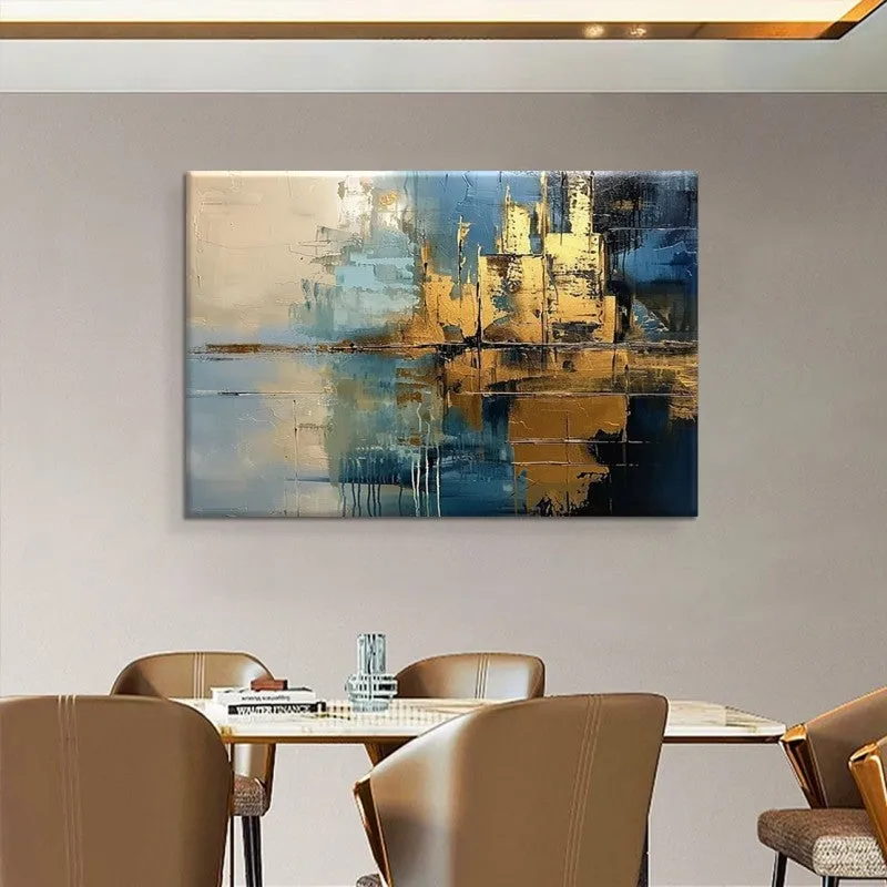 Handmade abstract blue village oil painting on canvas with rough texture, vertical orientation