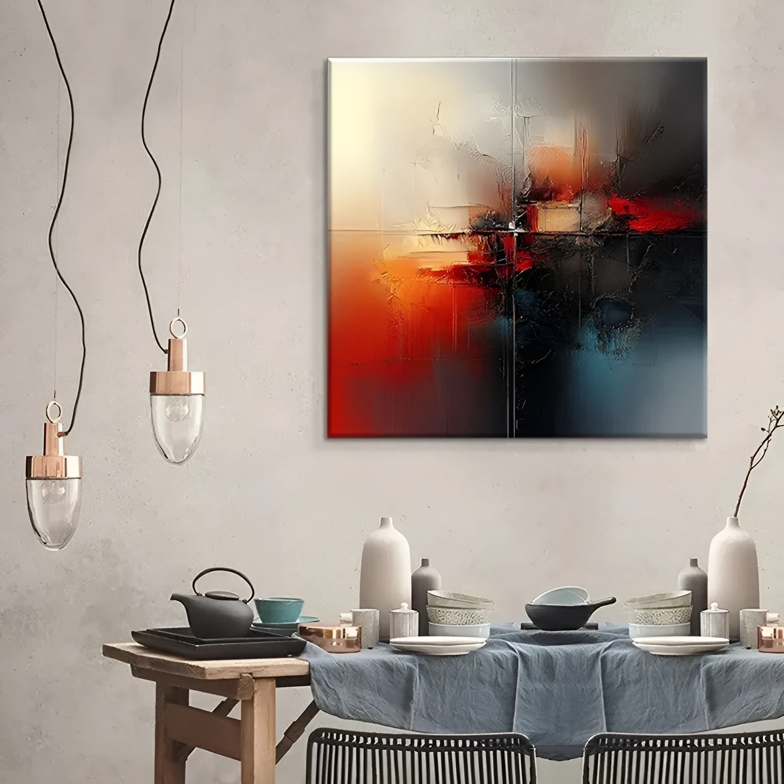 Handmade abstract oil painting on canvas, modern red decor, rolled frameless wall art