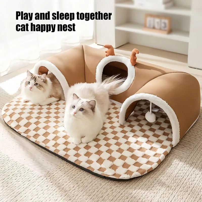 Grey plaid crystal fleece cat tunnel bed with two hanging balls, curved tunnel door, and slip-resistant bottom, for indoor use