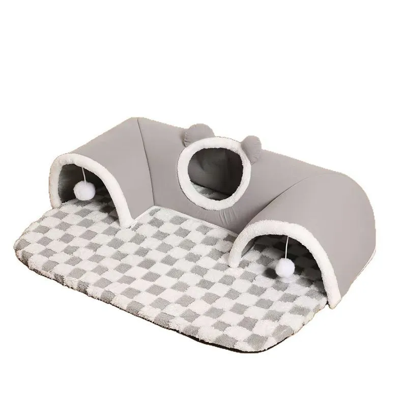 Grey plaid crystal fleece cat tunnel bed with two hanging balls, curved tunnel door, and slip-resistant bottom, for indoor use