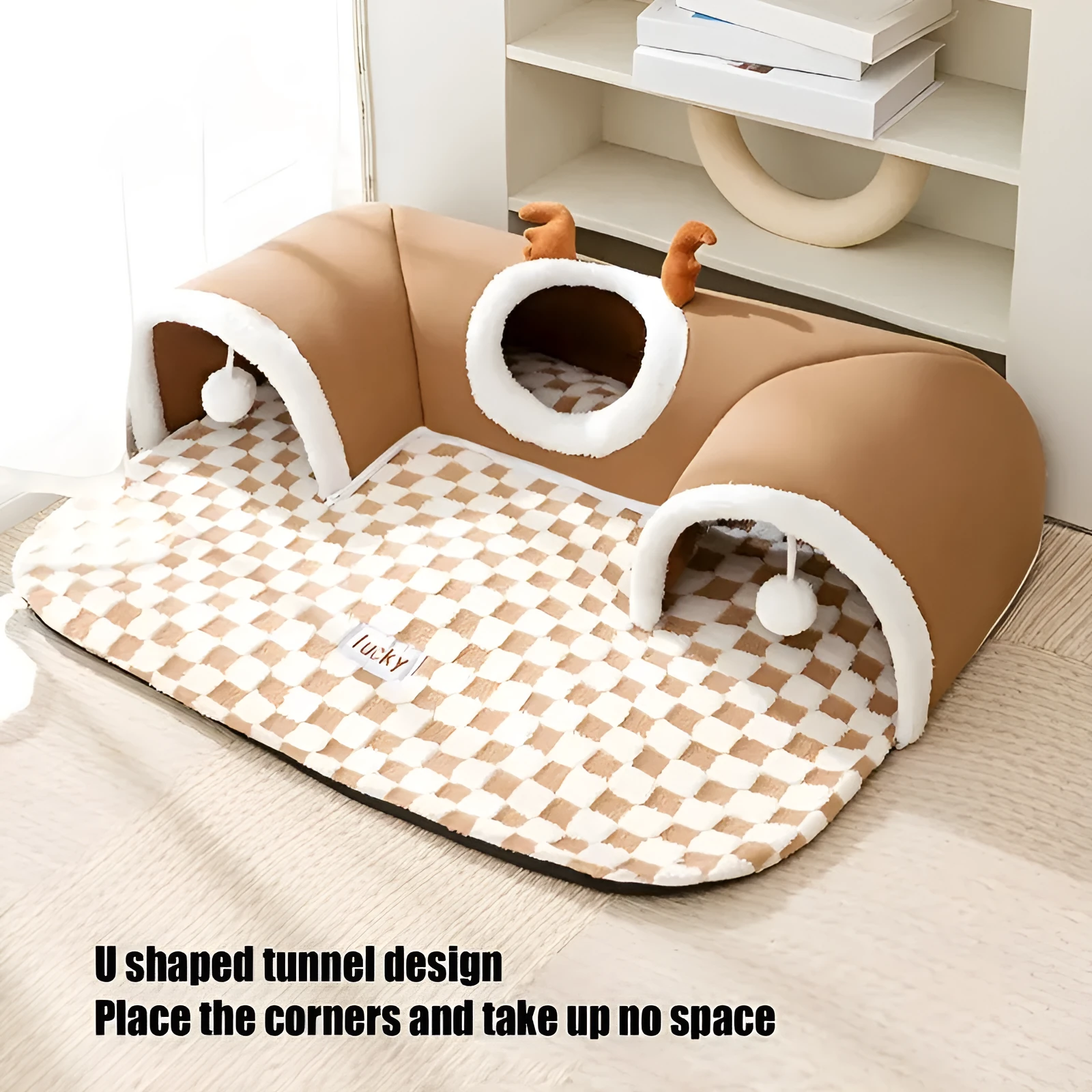 Grey plaid crystal fleece cat tunnel bed with two hanging balls, curved tunnel door, and slip-resistant bottom, for indoor use