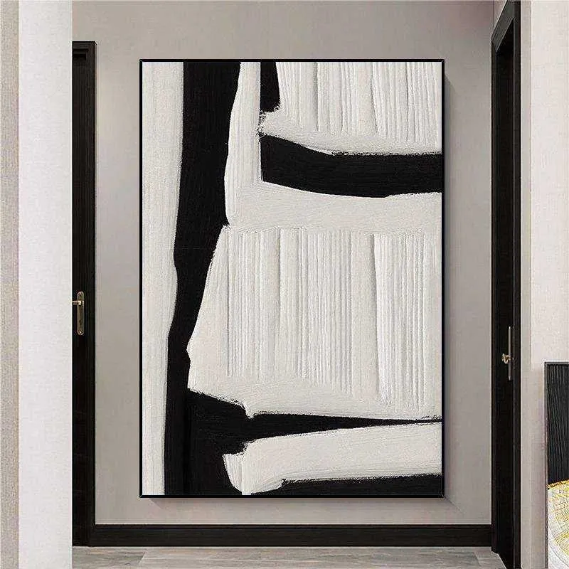 Large abstract handmade oil painting on canvas, black white beige textured wall art, vertical orientation, unframed