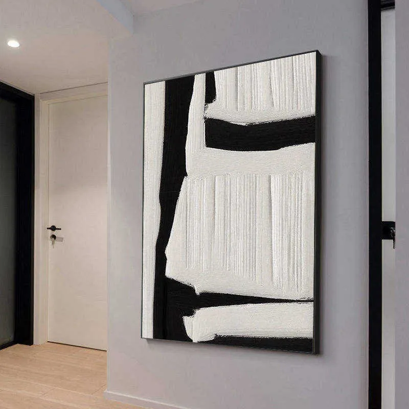 Large abstract handmade oil painting on canvas, black white beige textured wall art, vertical orientation, unframed