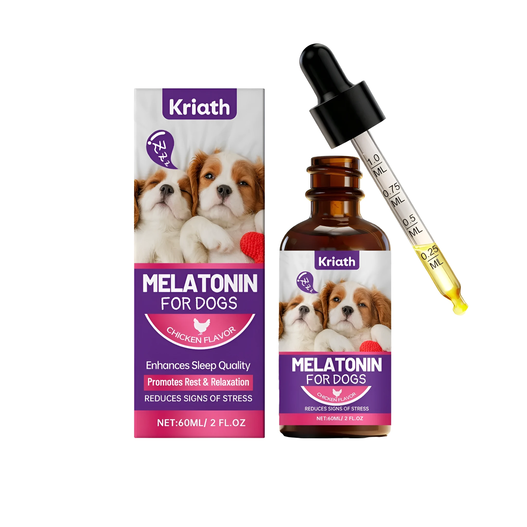 Dog soothing melatonin drops 60ml bottle with chicken essence flavour for calming pets