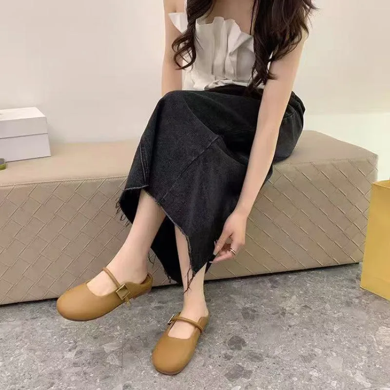 Casual slip-on shoes with square metal buckle toe cap, PVC sole, apricot colour, side view