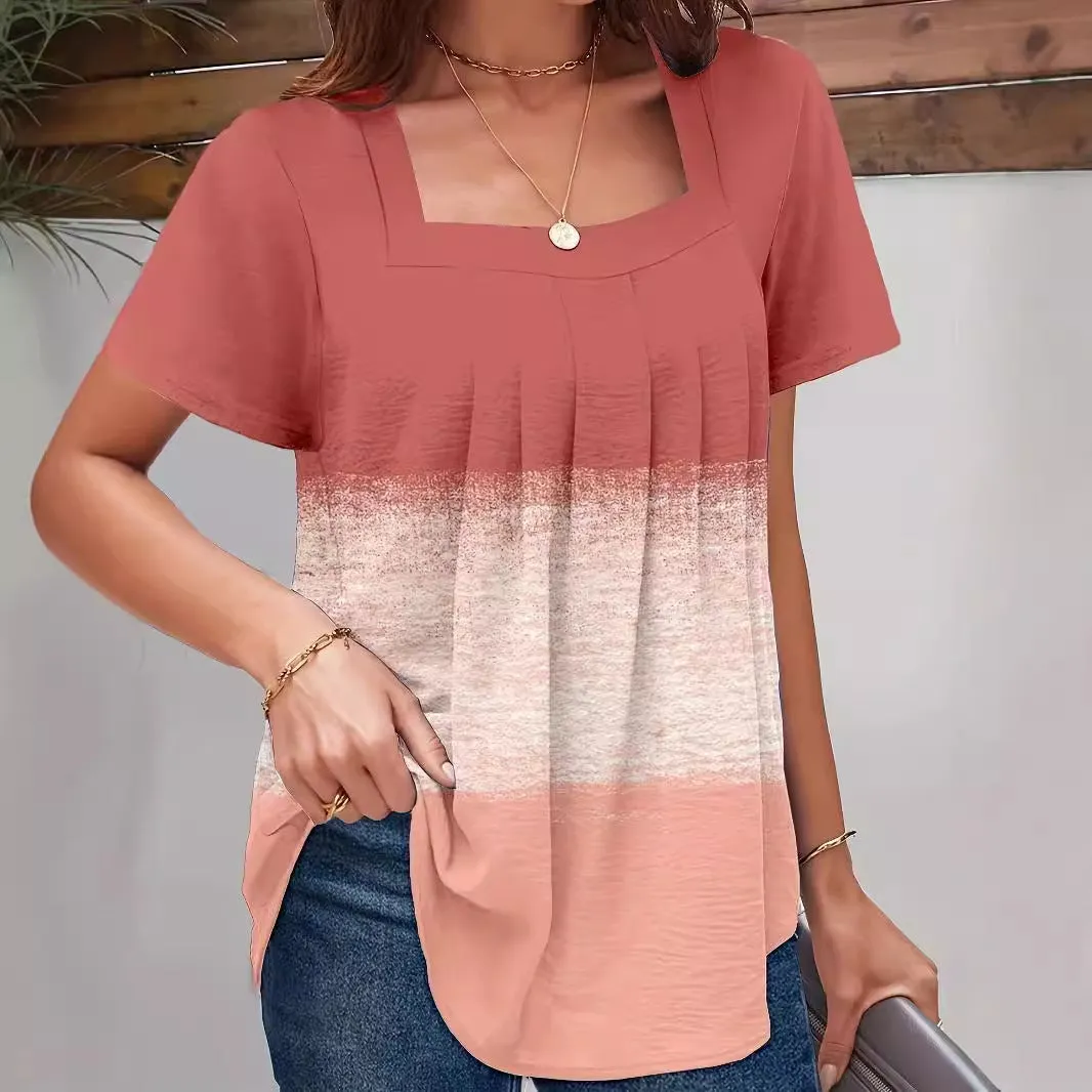 Pink dovetail square collar pleated ruffled short sleeves T-shirt loose fit pullover women polyester top
