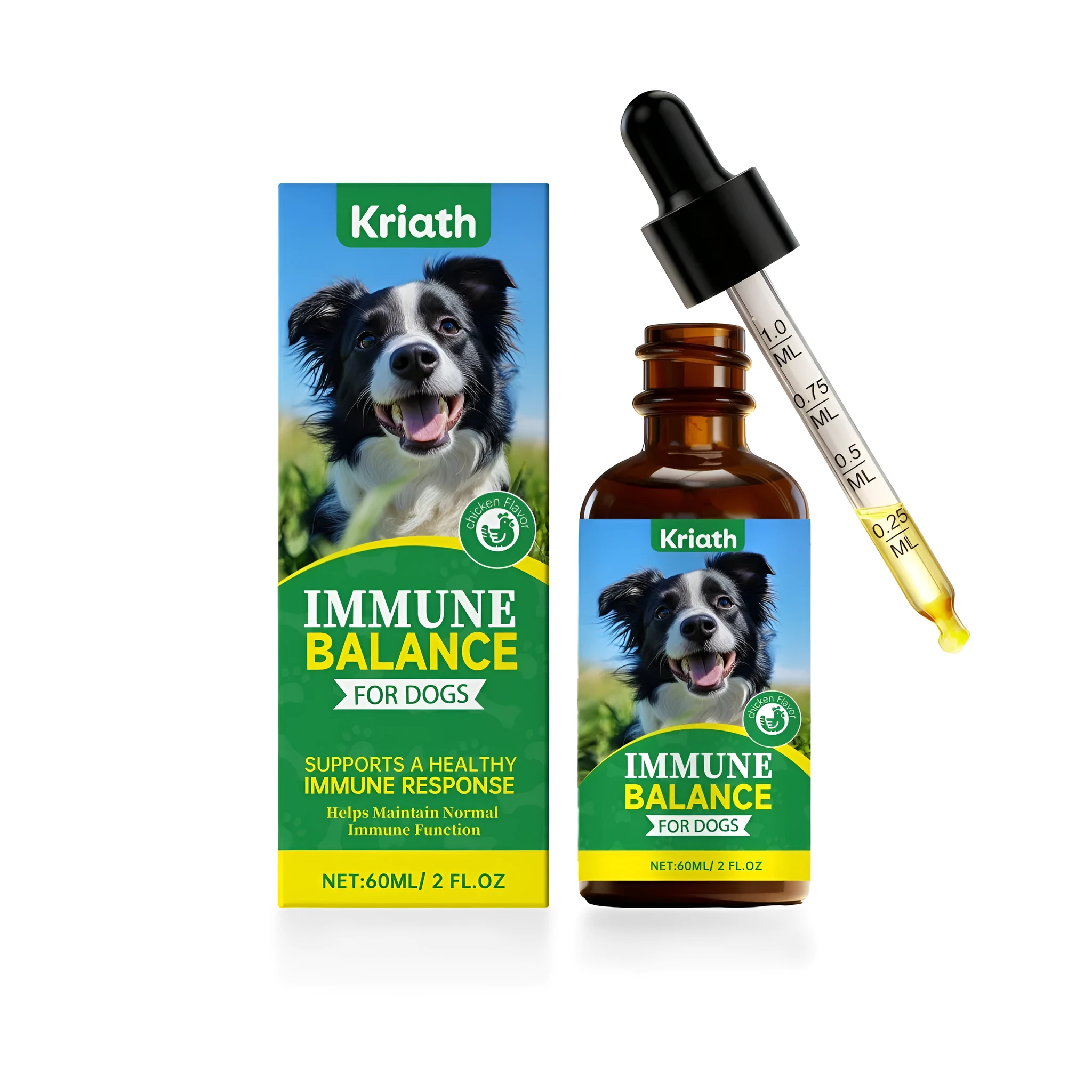 Immune health drops for dogs 60ml bottle with chicken flavour and prebiotic galactooligosaccharide ingredient