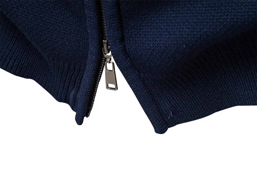 Men's cotton knitted zipper jacket in slim fit, available in army green, dark blue, and apricot colours