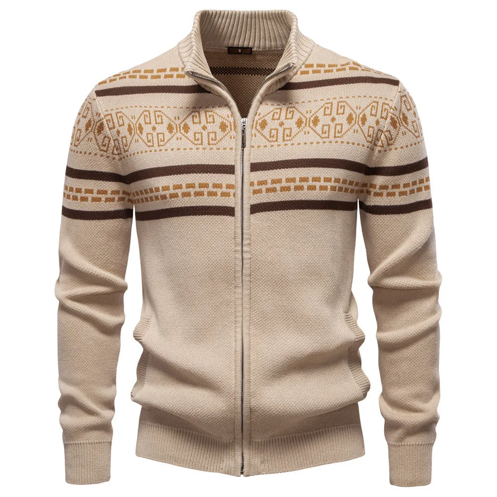 Men's cotton knitted zipper jacket in slim fit, available in army green, dark blue, and apricot colours