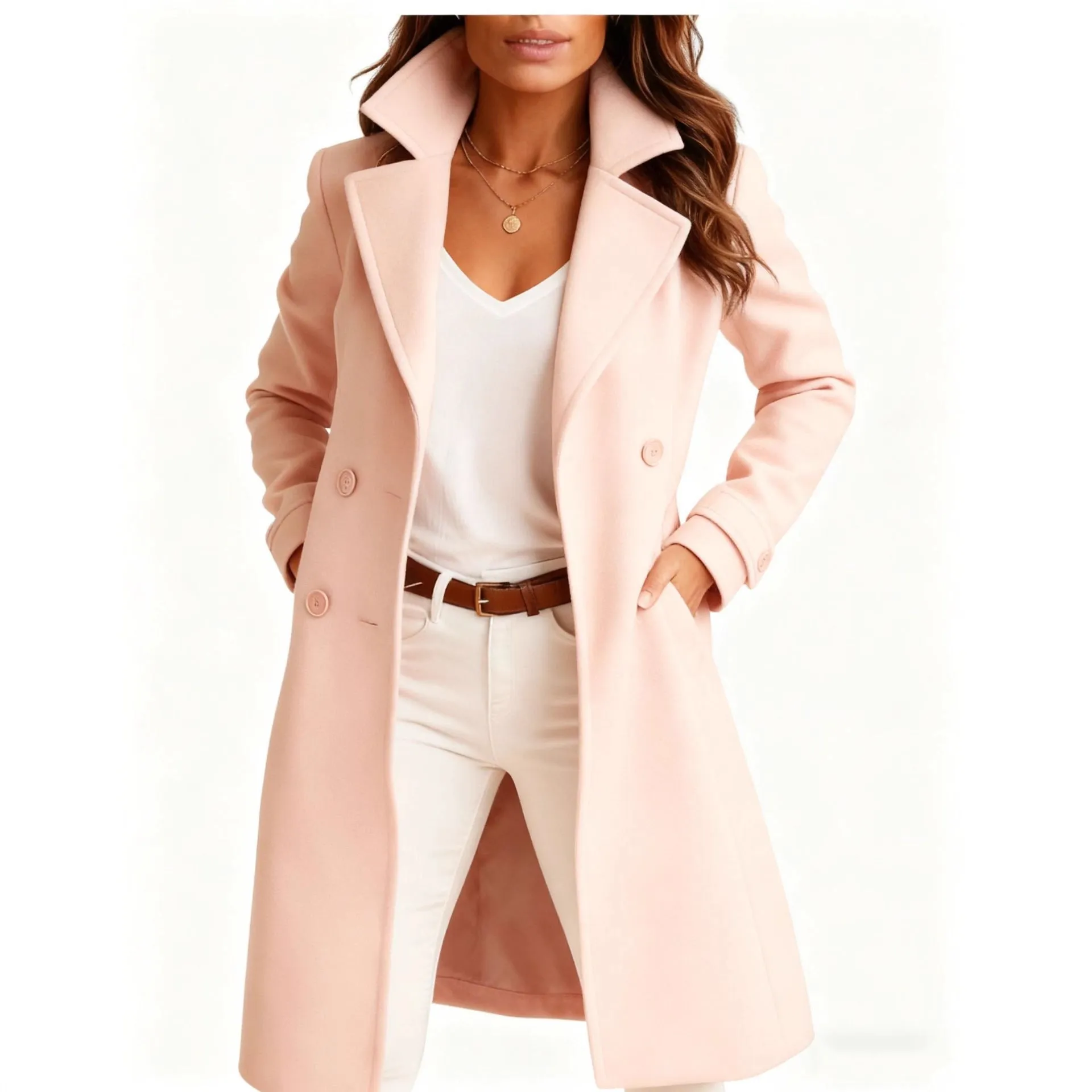 Women's solid colour mid-length woolen coat with polo collar and side pockets in gray colour