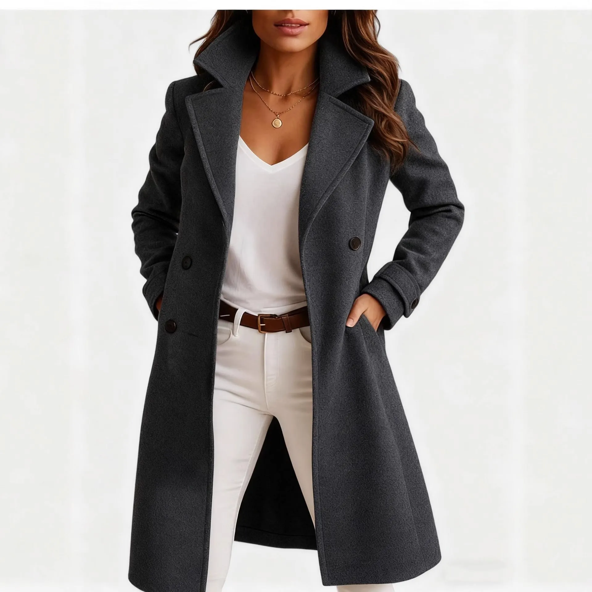 Women's solid colour mid-length woolen coat with polo collar and side pockets in gray colour