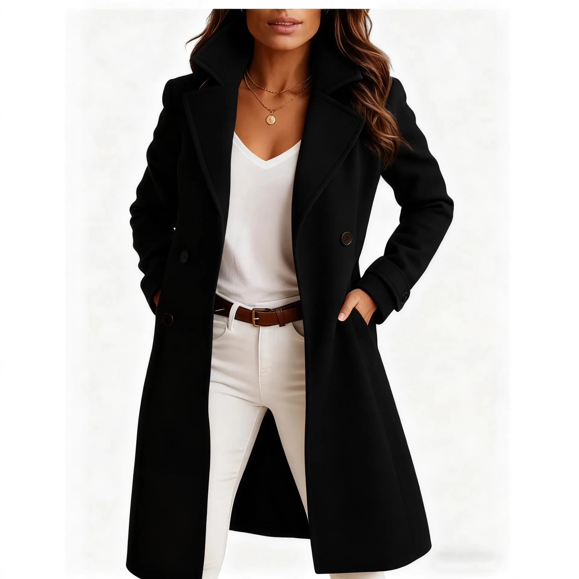 Women's solid colour mid-length woolen coat with polo collar and side pockets in gray colour