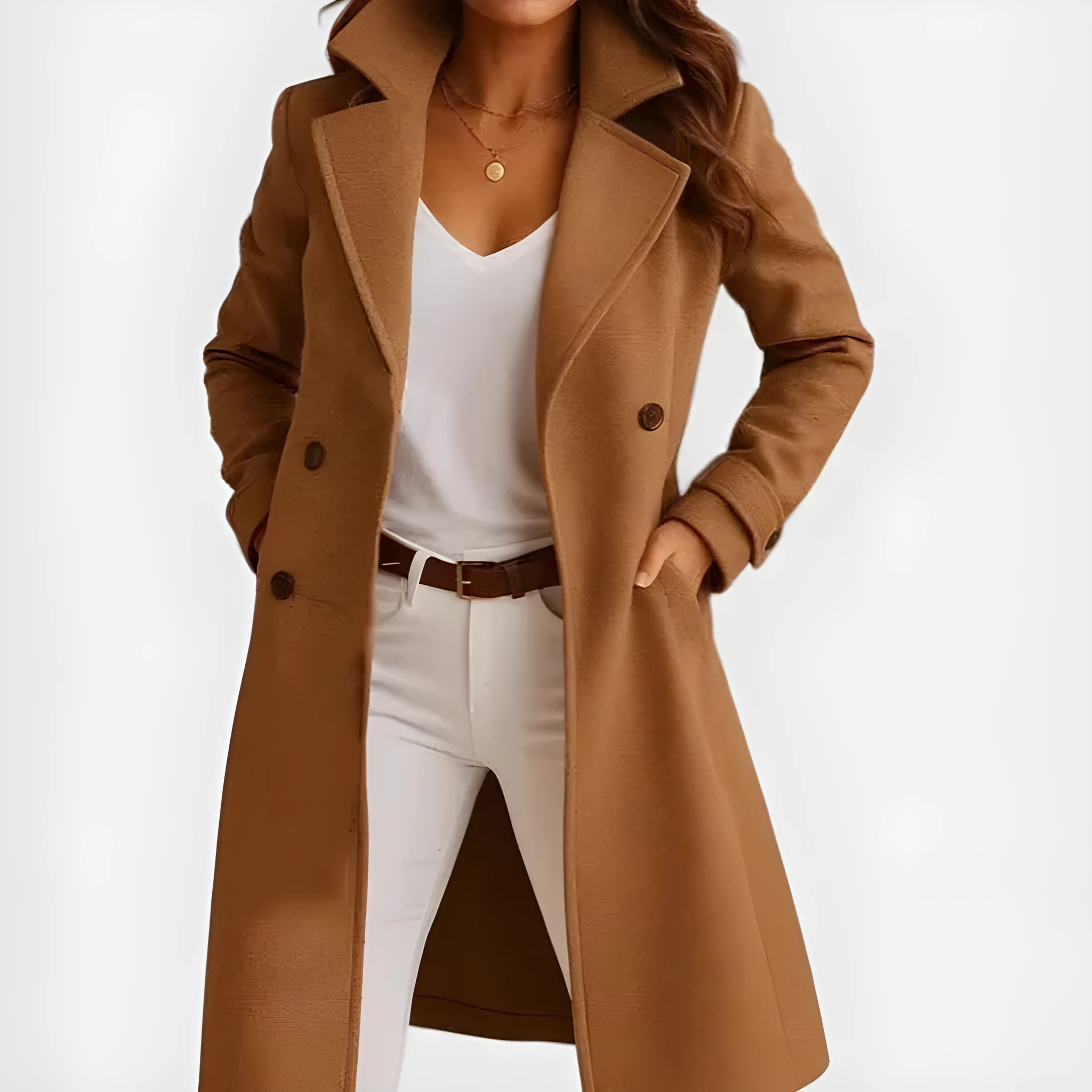 Women's solid colour mid-length woolen coat with polo collar and side pockets in gray colour