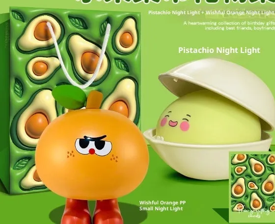 Pistachio-shaped silicone night light with LED bulb and data cable, designed for babies and toddlers as a sleep aid