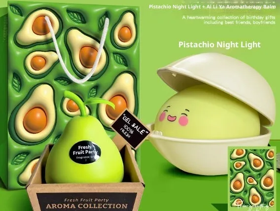 Pistachio-shaped silicone night light with LED bulb and data cable, designed for babies and toddlers as a sleep aid