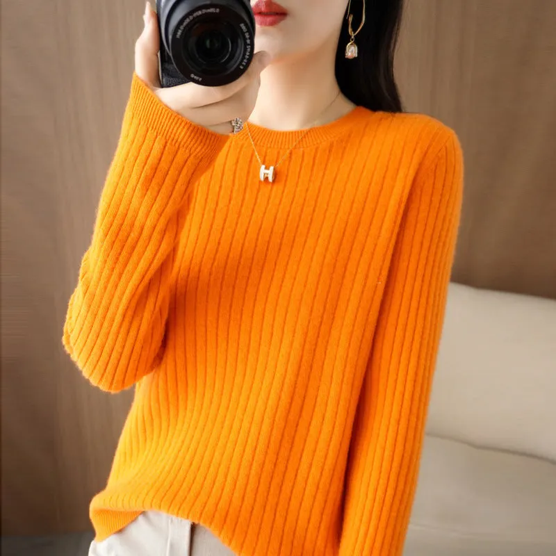 Autumn women's knitwear round neck sweater in beige, low collar long sleeve pullover on model