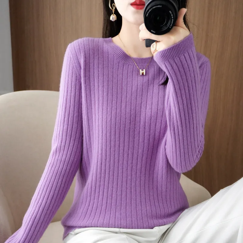 Autumn women's knitwear round neck sweater in beige, low collar long sleeve pullover on model