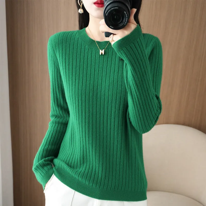 Autumn women's knitwear round neck sweater in beige, low collar long sleeve pullover on model