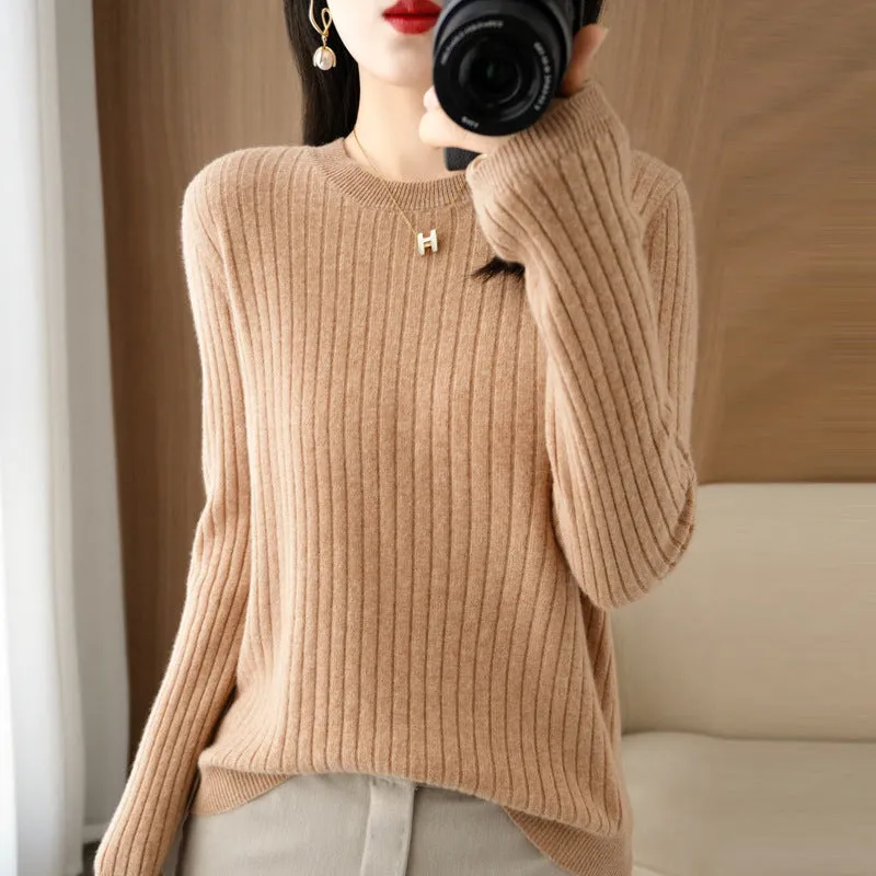 Autumn women's knitwear round neck sweater in beige, low collar long sleeve pullover on model