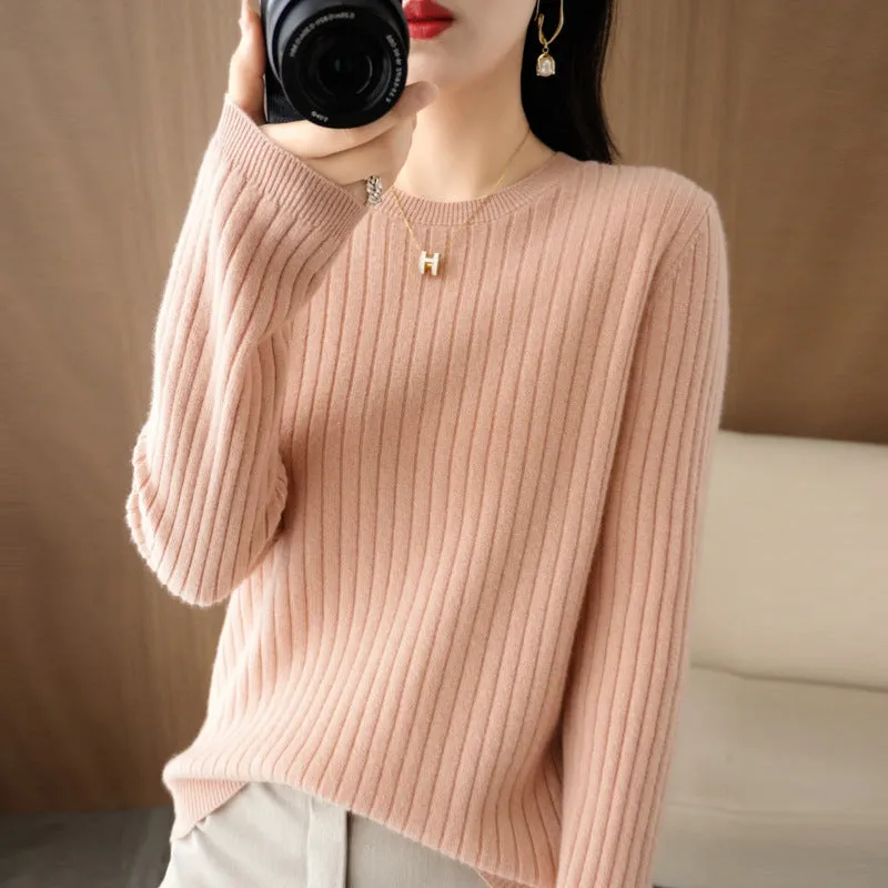 Autumn women's knitwear round neck sweater in beige, low collar long sleeve pullover on model